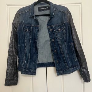 Express Dark Distressed Denim Jacket with Black Sparkle Sleeves